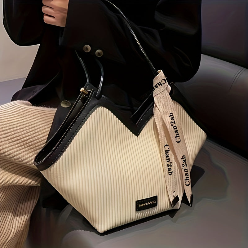 Chic Love-Themed Tote Bag - High-Capacity Beige & Black Design with Ribbon Accent, Versatile for Work and Casual Use, Durable PU Material, Zip Closure
