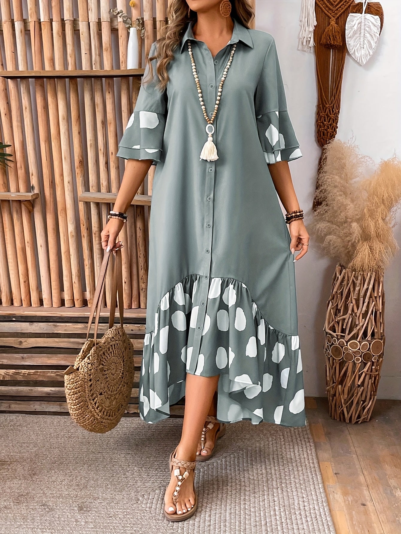 Elegant Women'S Long Sleeveless Dress with Front Button Detail and Polka Dot Print - Semi-Sheer A-Line Midi Skirt Dress for Spring/Fall, Cute Dress