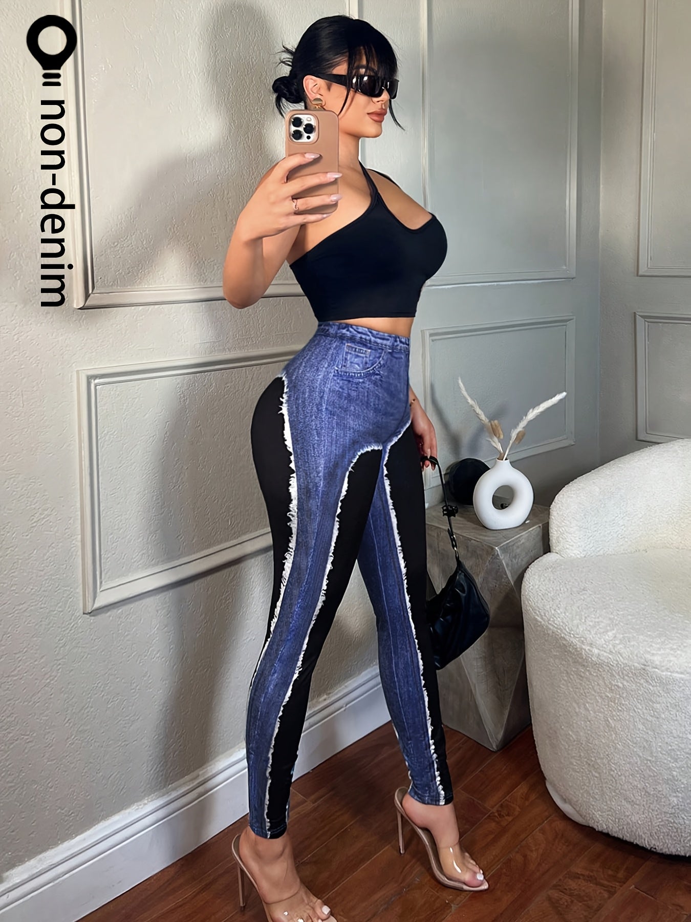 Women's Imitation Denim-Effect Full-Body Print Leggings - Slim-Fit Stretch Pants with Distressed Details, Elastic Waist & Machine Washable for Casual & Office Wear, Office Leggings, Seamless Leggings, Stretch Denim Leggings