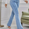 Stylish High Rise Flare Leg Jeans - Soft Striped Rwa Trim, Washed Blue, Stretchy Fabric, Comfortable Fit, Classic Denim Style - Women's Fashionable Clothing for Everyday Wear