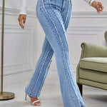 Stylish High Rise Flare Leg Jeans - Soft Striped Rwa Trim, Washed Blue, Stretchy Fabric, Comfortable Fit, Classic Denim Style - Women's Fashionable Clothing for Everyday Wear