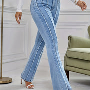 Stylish High Rise Flare Leg Jeans - Soft Striped Rwa Trim, Washed Blue, Stretchy Fabric, Comfortable Fit, Classic Denim Style - Women's Fashionable Clothing for Everyday Wear