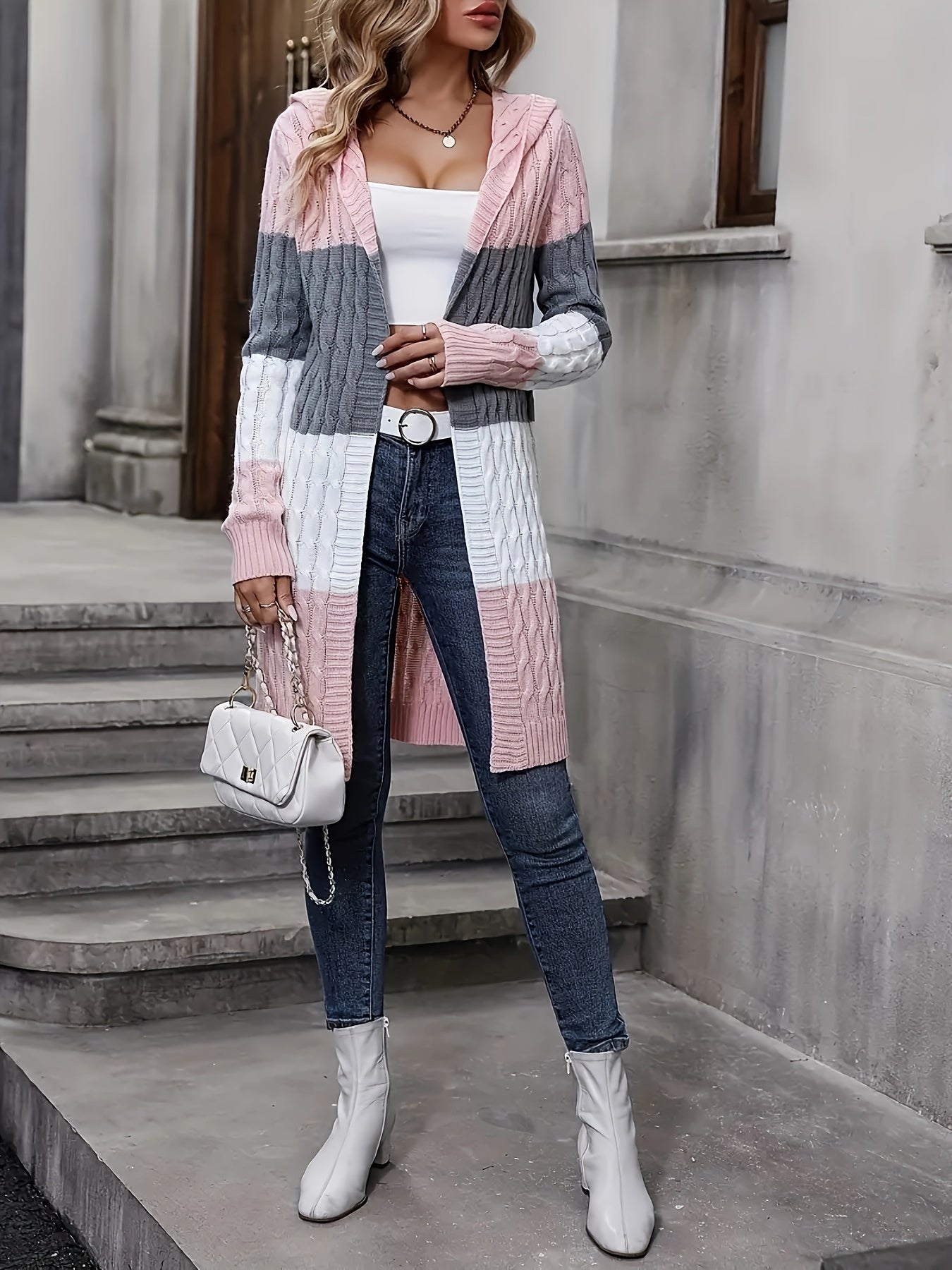 Chic Twilight Striped Long Cardigan with Hood - Casual Open Front Sweater, Cozy Cable Knit, Two-Tone Color Design, Perfect for Fall/Winter, Available in Pink/Gray/White