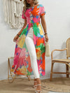 Vibrant Tropical Print Longline Top - Elegant Round Neck, Non-Sheer, Hand Washable - Perfect for Spring & Summer, Women’s Fashion Blouse in Pink, Yellow, Blue & Green, Casual Elegant Wear | Flowing Elegance | Stylish Maxi T