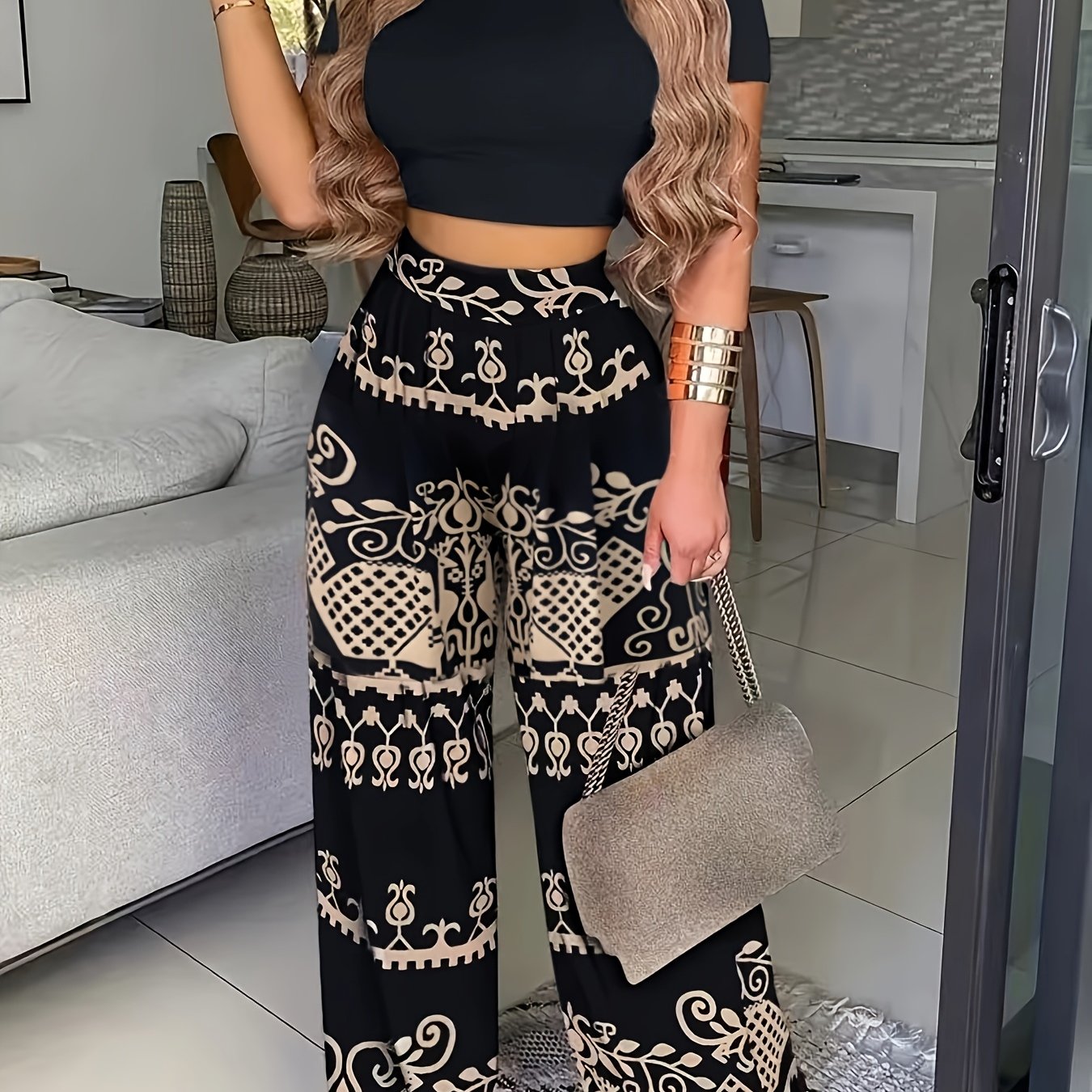 New Summer Short Sleeve Top with Pleated Trousers 2pcs Set for Women