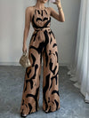 Women's Elegant Off-Shoulder Print Jumpsuit with Wide Legs and Tie Waist - Black & White Abstract Pattern, Polyester Fabric, Perfect for Vacation and Everyday Chic