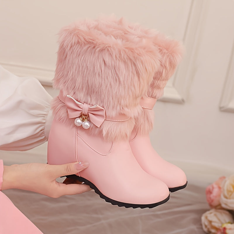 Women's Autumn and Winter Fashion Elegant Sweet College Princess Bow Artificial Ball Tassel One-Shoulder Boots, Mary Jane Solid Color Fluffy Faux Fur Wedge Heels, Multifunctional Outdoor Casual Comfortable Warm High Heel Shoe