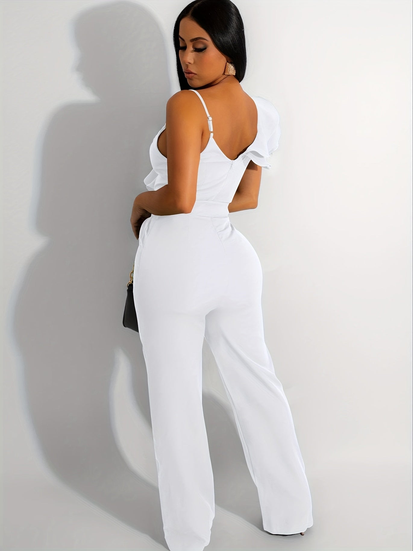 Womens Casual One Piece Jumpsuits V-Neck Sleeveless Ruffle Elegant Romper Wide Leg Pant Sexy Party Clubwear Overalls