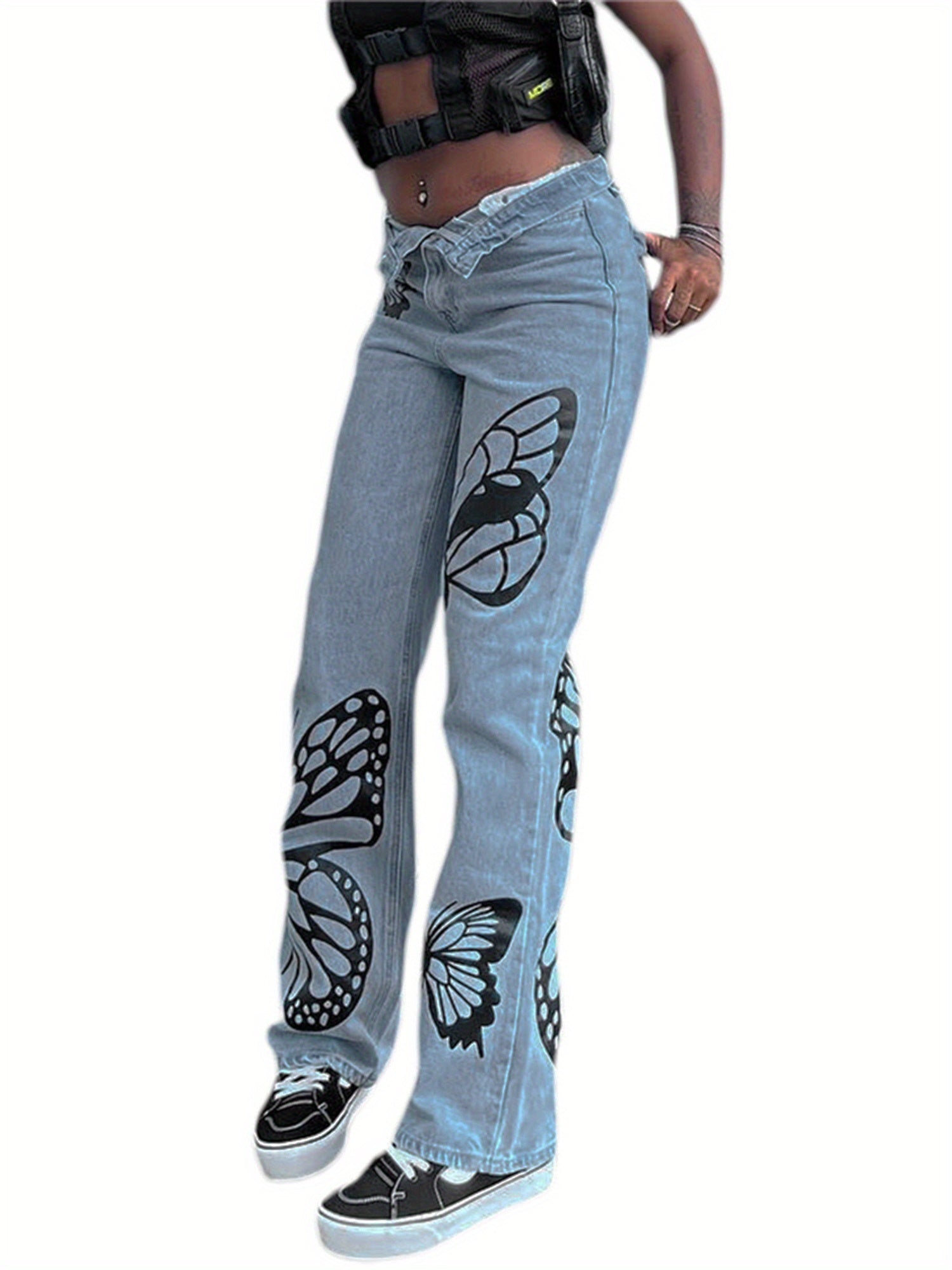 Womens Straight Leg Boyfriend Jeans, High Waist Butterfly Print Loose Denim Pants