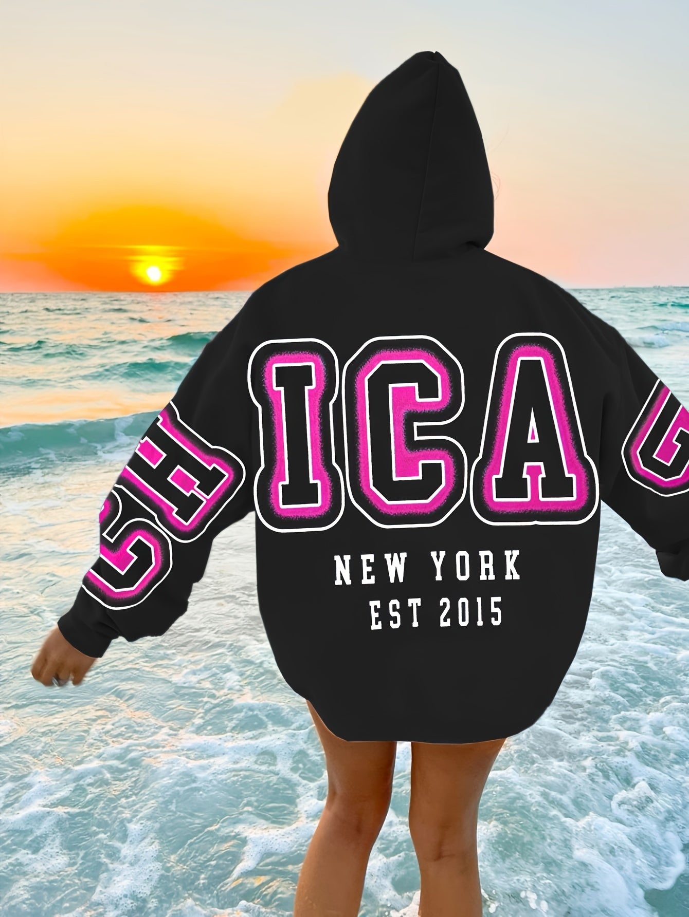 Spechir Chic Black Hoodie with Pink & White NYC Letter Design - Casual Polyester Blend, Long Sleeve, Machine Washable - Stylish Women's Fashion for Spring/Fall, Urban Fashion|Youthful Style|Knit Construction, Oversized Hoodie