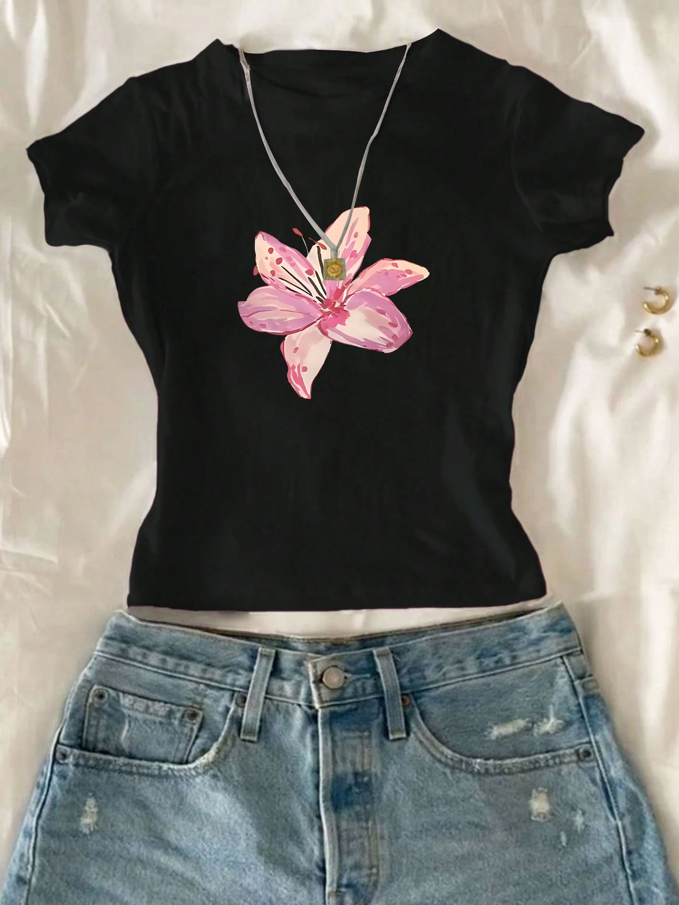 Flower Printed Crew Neck T-Shirt, 100% Casual Fit Women'S T-Shirt Top, Summer And Spring Fashion