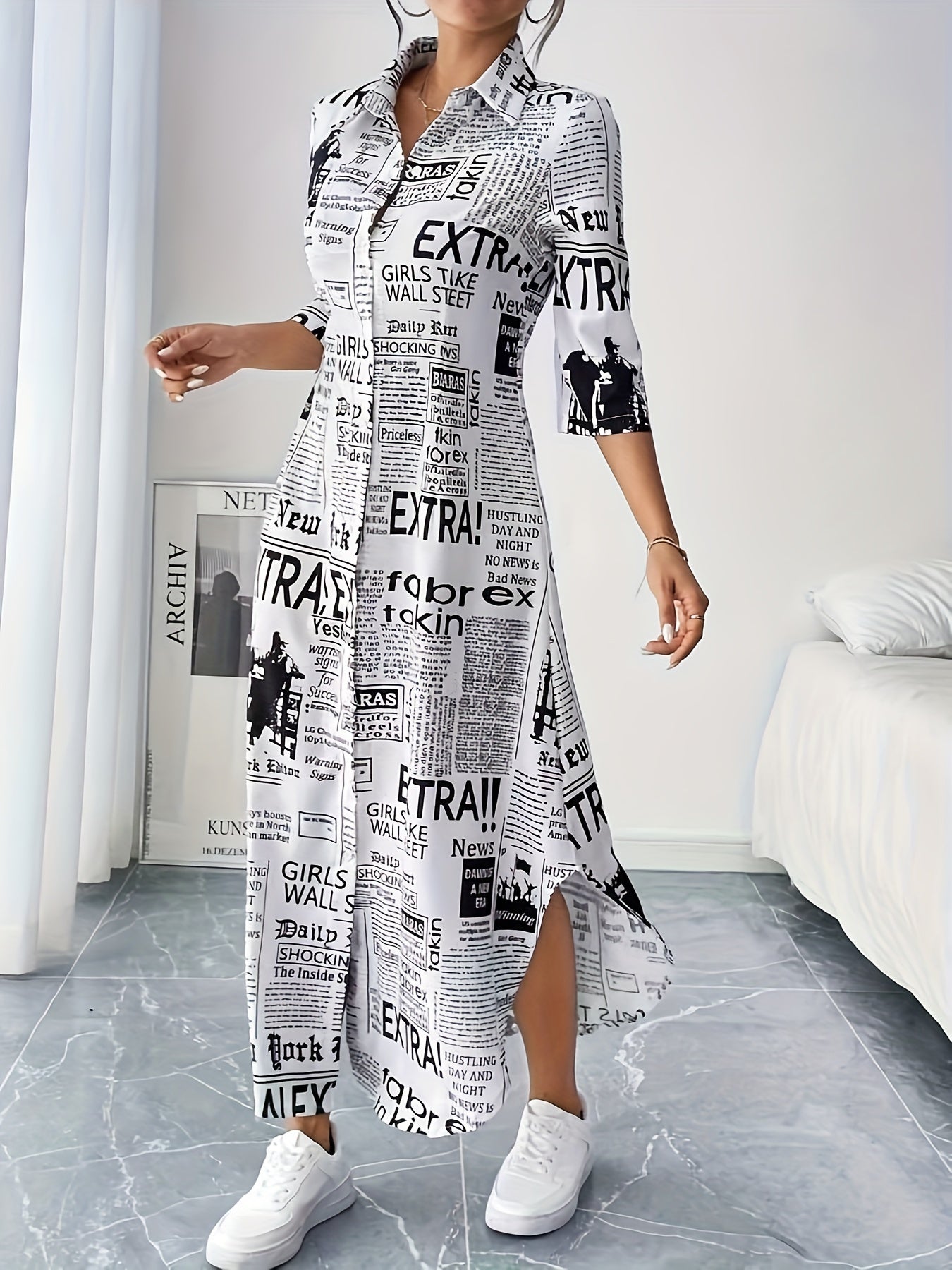Women'S Elegant Newspaper Printed Shirt Dress with Three Quarter Sleeves and Button Details