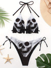 Halloween Gothic Skull Halter Bikini - Knit Fabric, High-Stretch, Non-Sheer Swimwear Set