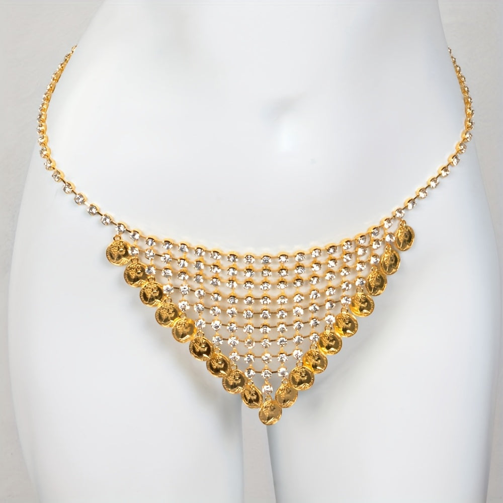 1 Set Bra + Panties Fashion Alloy Full Rhinestone Mesh Women's Bra Body Chain, Round Coin Tassel Pendant Body Chain Suitable for Parties, Music Festivals, Beach Body Accessories