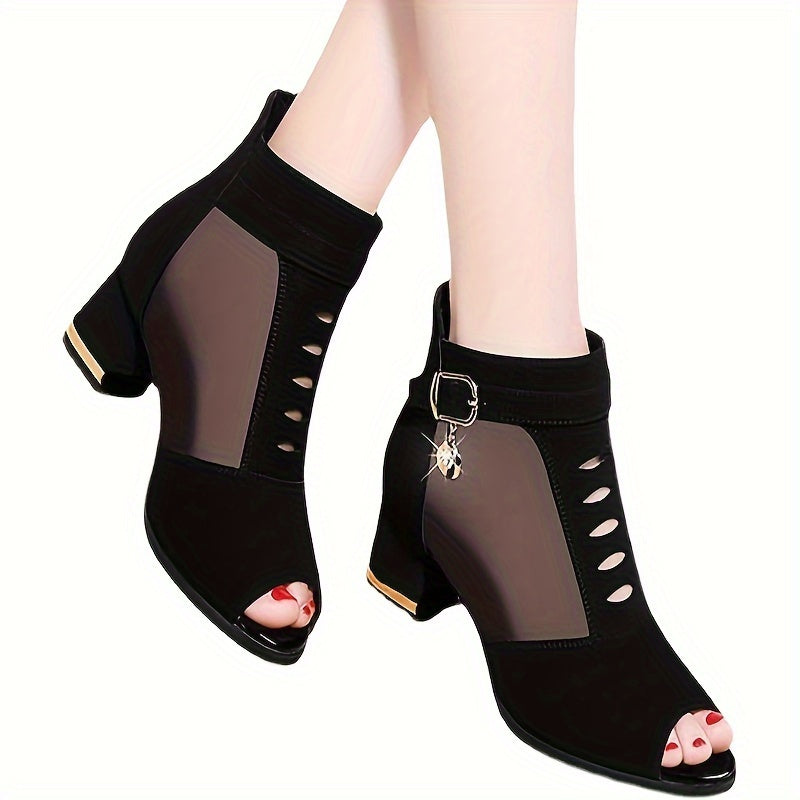 [Chunky Heel Black Mesh Boots] Elegant Black Mesh Peep-Toe Ankle Boots with Chunky Heel - Stylish Back Zipper Design, Breathable & Comfortable Women's High Heels for All Seasons, Stylish Office Shoes|Zipper Closure Boots|Slee