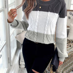 Autumn/Winter Rhombus Color Block Knit Sweater – Women's Elegant Long Sleeve Round Neck Pullover