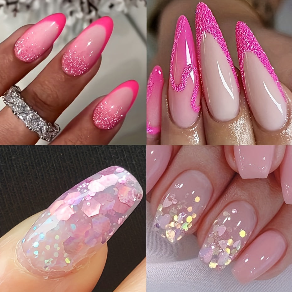 FULL BEAUTY 12 Grids Pink Glitter Nail Flakes, Holographic Hexagon Irregular Sequins, Sliced Sparkly Crystal Pigment Powder for Manicure Decoration, Hypoallergenic Rectangle Shape, Nail Charms