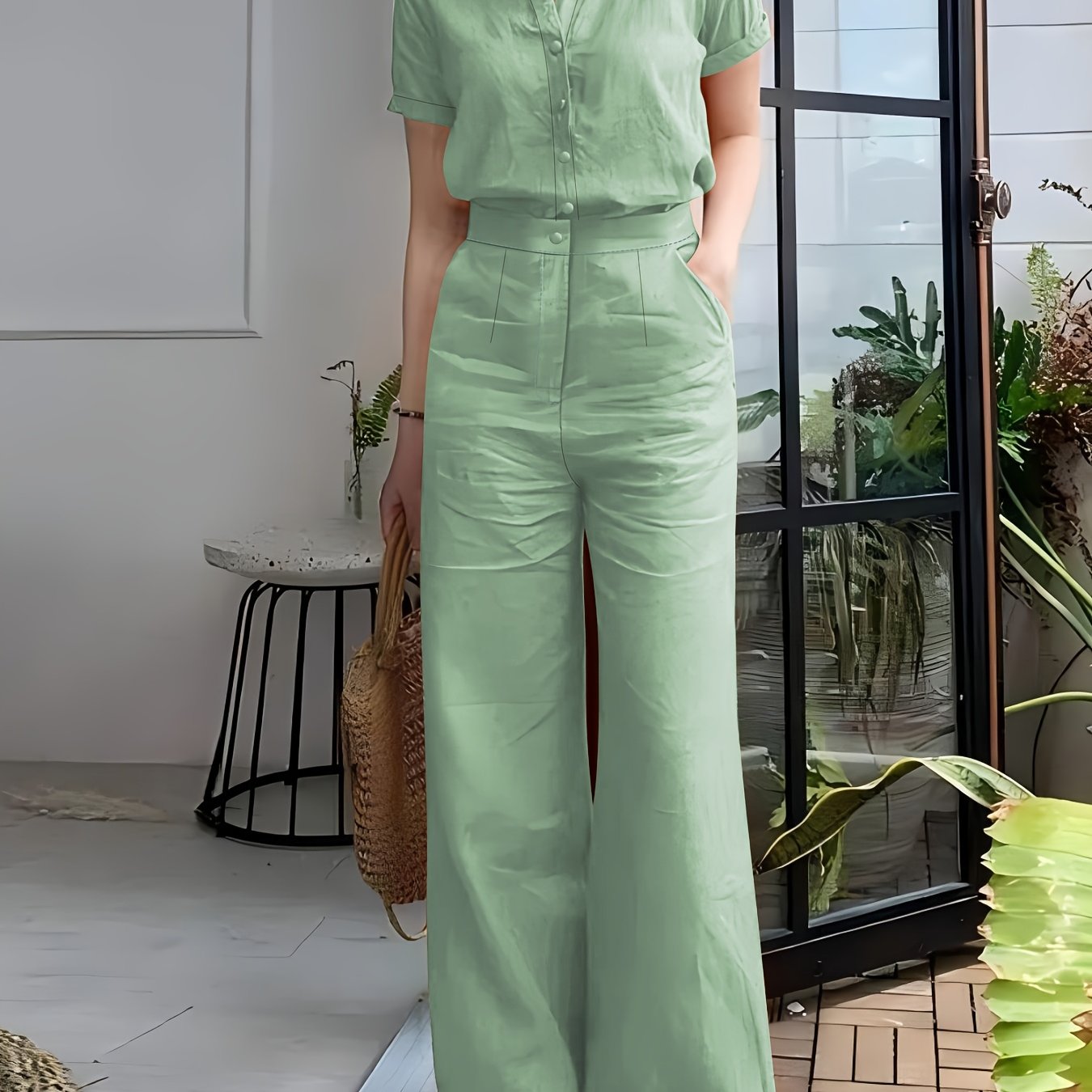Women'S Solid Color Short Sleeve Shirt and Long Pants Elegant Two-Piece Set