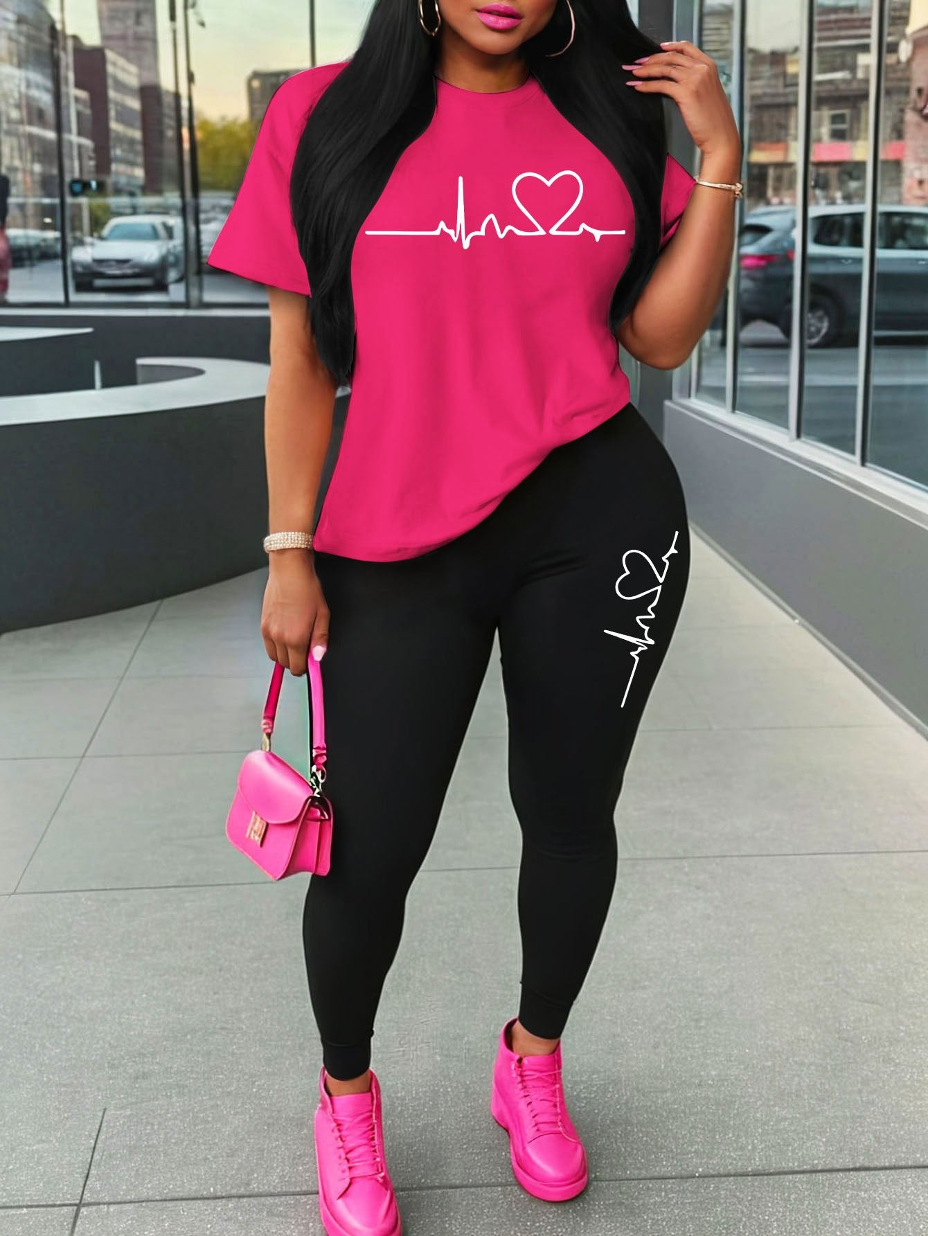 Women'S Love Heart Print Two-Piece Set, Casual Crew Neck Short Sleeve T-Shirt and Knit Polyester Leggings, All-Season Comfort, 96% Polyester 4% Spandex, 180gsm - Red