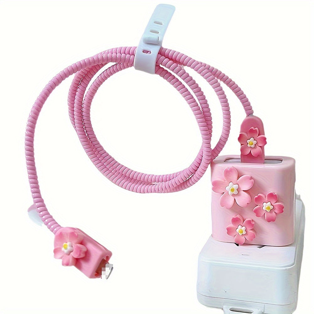 5pcs 3D Pink Floral TPU Charging Cable Saver Protector for iPhone 13/14 Pro Max 20W Chargers - Durable Cable Protector Sleeve Set for Apple Devices