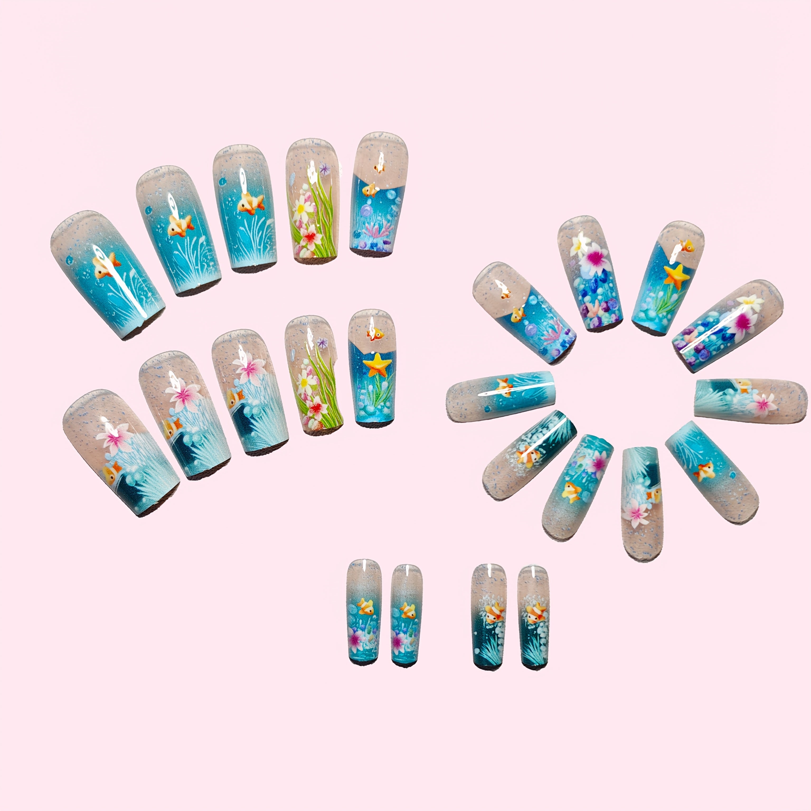 24pcs Deep Sea Mystery Hand-Painted Nail Tips - Sparkling Blue with Little Fish & Starfish, Removable Press-On Nails for a Magical Nail Art Experience, Nail Art Accessories