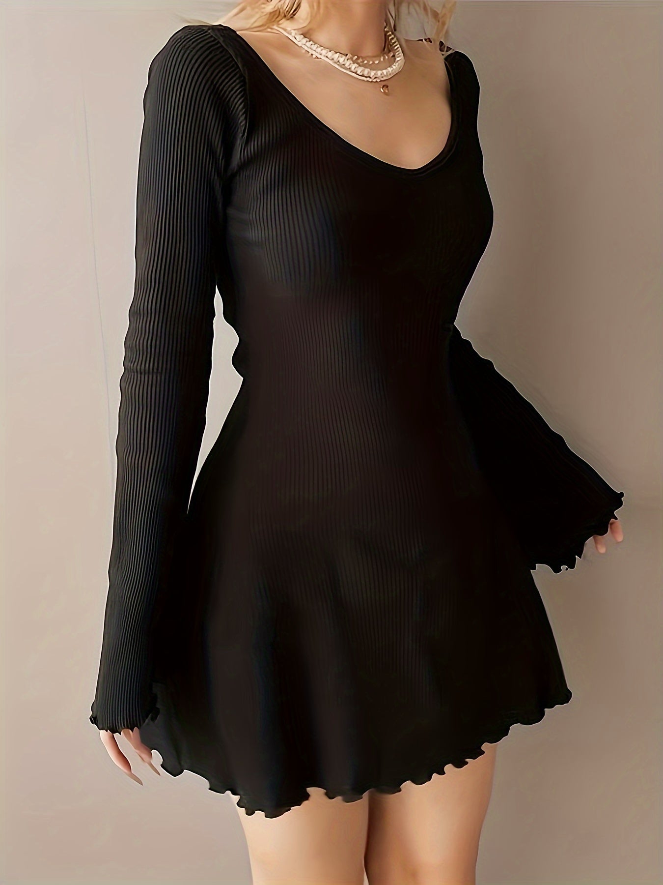 Elegant Long Sleeve V-Neck Bodycon Dress with Ruffled Hem Polyester Blend Solid Color Knit Fabric for Women - Fall Season Style