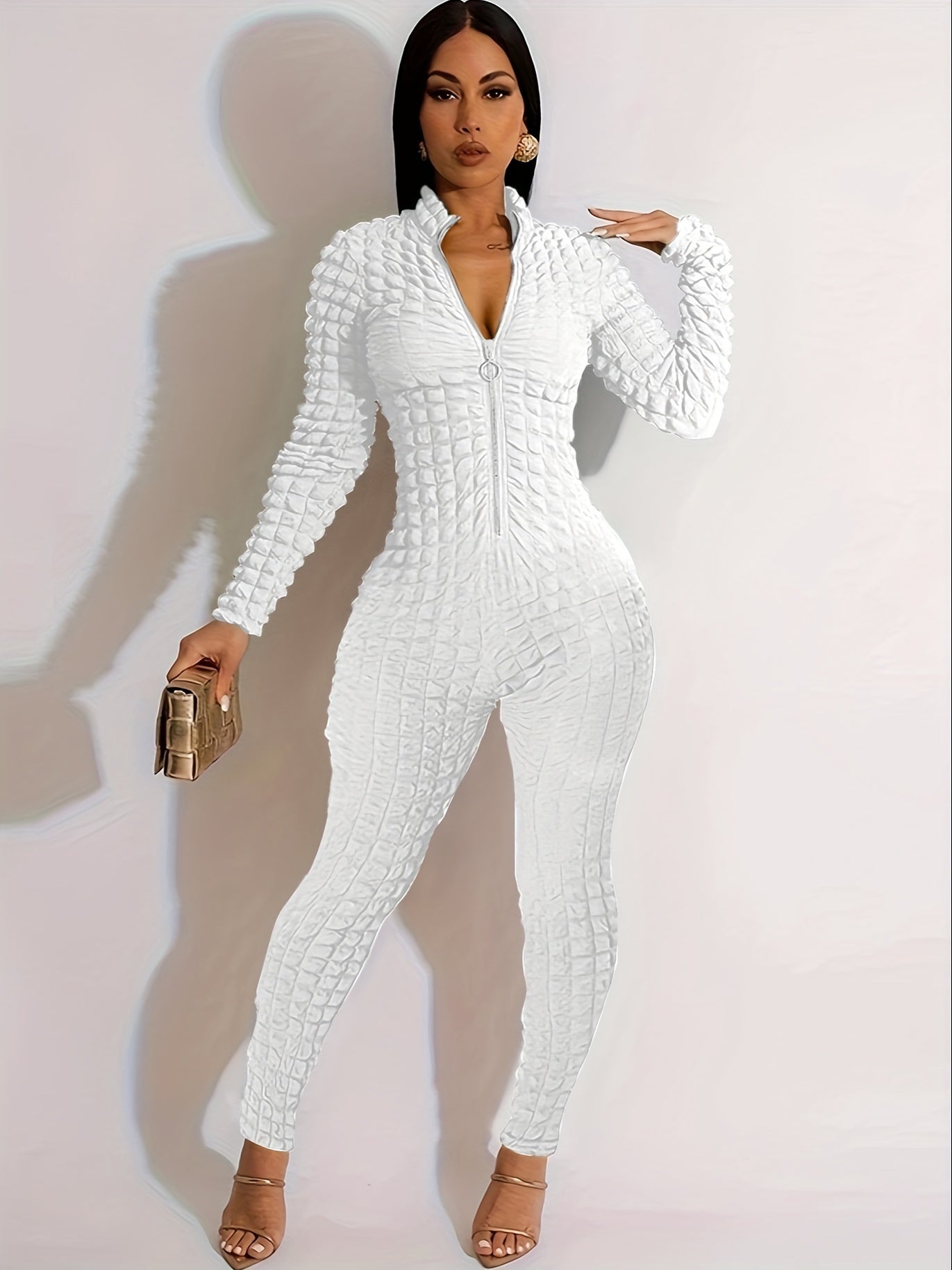 Women'S Solid Color Popcorn Jumpsuit, Polyester 95% Spandex 5% Long Sleeve Crew Neck Knit Fabric, Chain Detail, Regular Sleeve, Spring/Fall Season, 250g/m² Fabric Weight