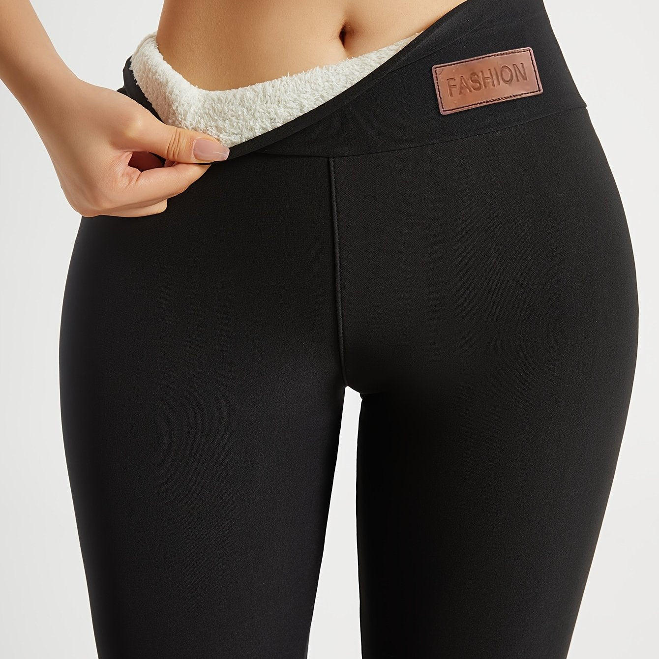 Everyday Elegance, Women's High-Waisted Slim Fit Leggings - Warm, Thickened, Elastic Waistband, Stretchy Polyester-Spandex Blend, Solid Black, "FASHION" Detail, Ideal for Yoga & Casual Wear