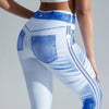 Women'S High-Waisted Denim Print Yoga Pants, 90% Polyester 10% Elastane, Skinny Fit, Long Length, All-Season Sports Leggings with Elastic Waist, Knit Fabric, 220g/m², for Running & Fitness