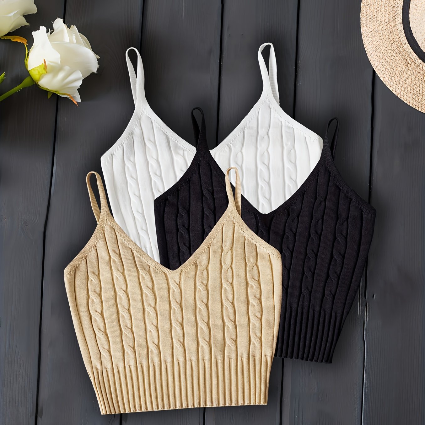 3-Pack Valentines Day Cable Knit Cami Tops - Soft V-Neck, Sleeveless Slim Crop, Adjustable Straps, Versatile Layering Essential - Womens Clothing, Celebrate Love in Style