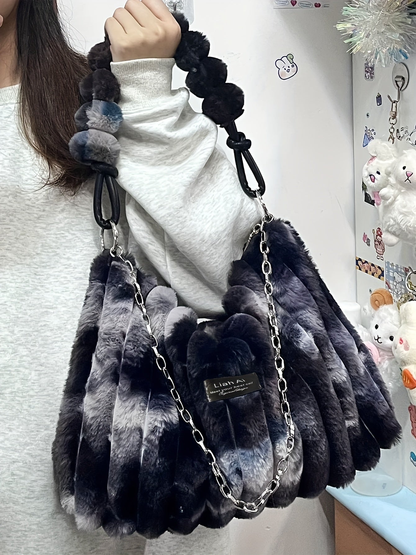 Chic Tie-Dye Plush Shoulder Bag for Women - Spacious & Stylish with Secure Zip Closure, Canvas Lined