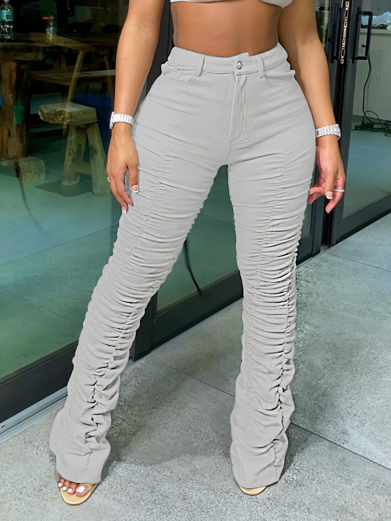 Solid High Waist Long Length Pants, Casual Stretchy Pleated All Seasons Pants, Women's Clothing