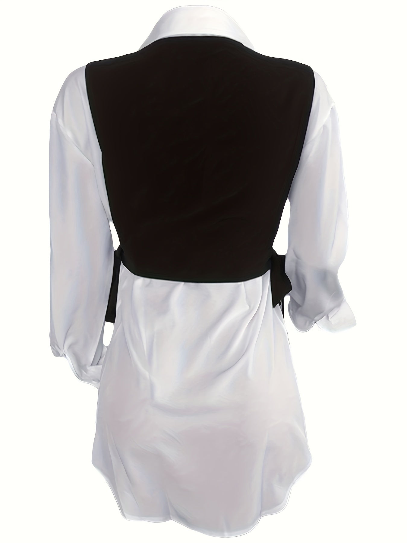 Women's Fashion Casual Shirt Dress Set 180085, Elegant V-Neck, Polyester, Solid Color, Long Sleeve, Open Front, Sleeveless Vest, Regular Fit, Spring/Autumn Season