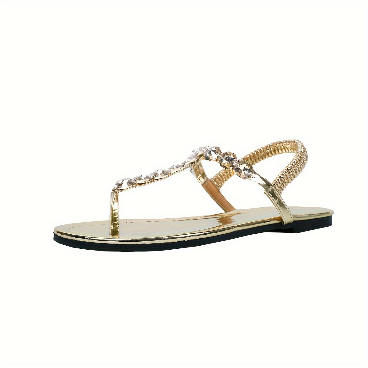 Elegant Golden Beaded Women's Flat Sandals - Handcrafted Clip Toe with Rhinestone Accents, Faux Cover Straps, Summer Roman Style Slides, Large Size 43, Ladies Sandals