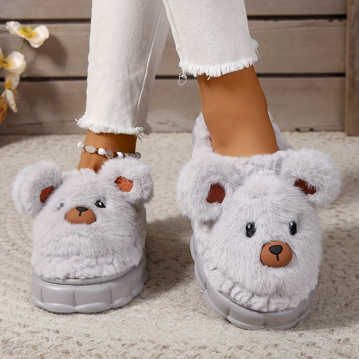 Ladies Cartoon Plush Lined Cozy Thick Sole Home Slippers, Honey Girl Style, Easy Slip-On, Cartoon Pattern, Winter Comfy Fabric Footwear with EVA Sole, European & Southeast Asia Special - Ruian Origin