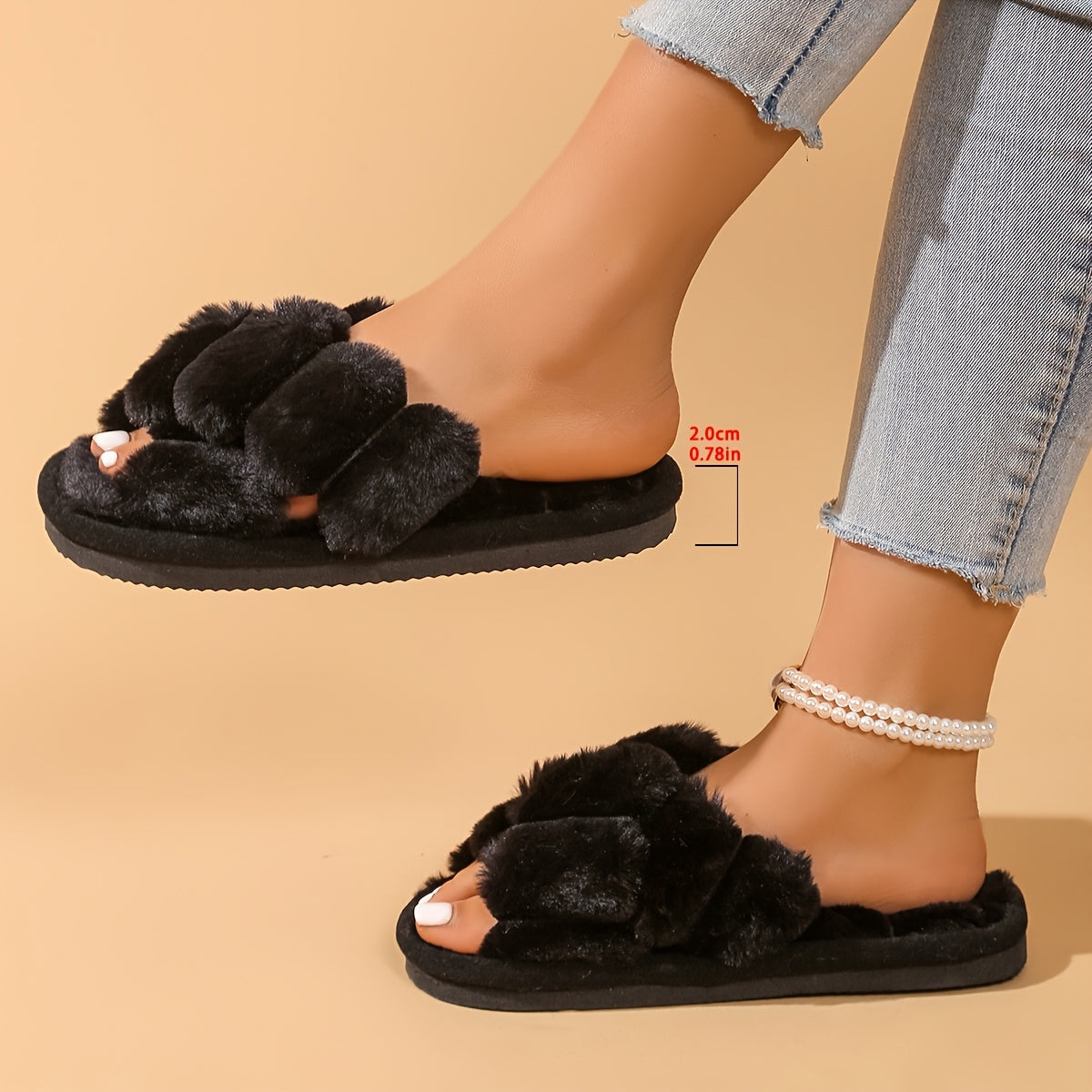 Women'S Seasonal Home Slippers, Stylish And Fluffy, Versatile Cross-Strap Design.