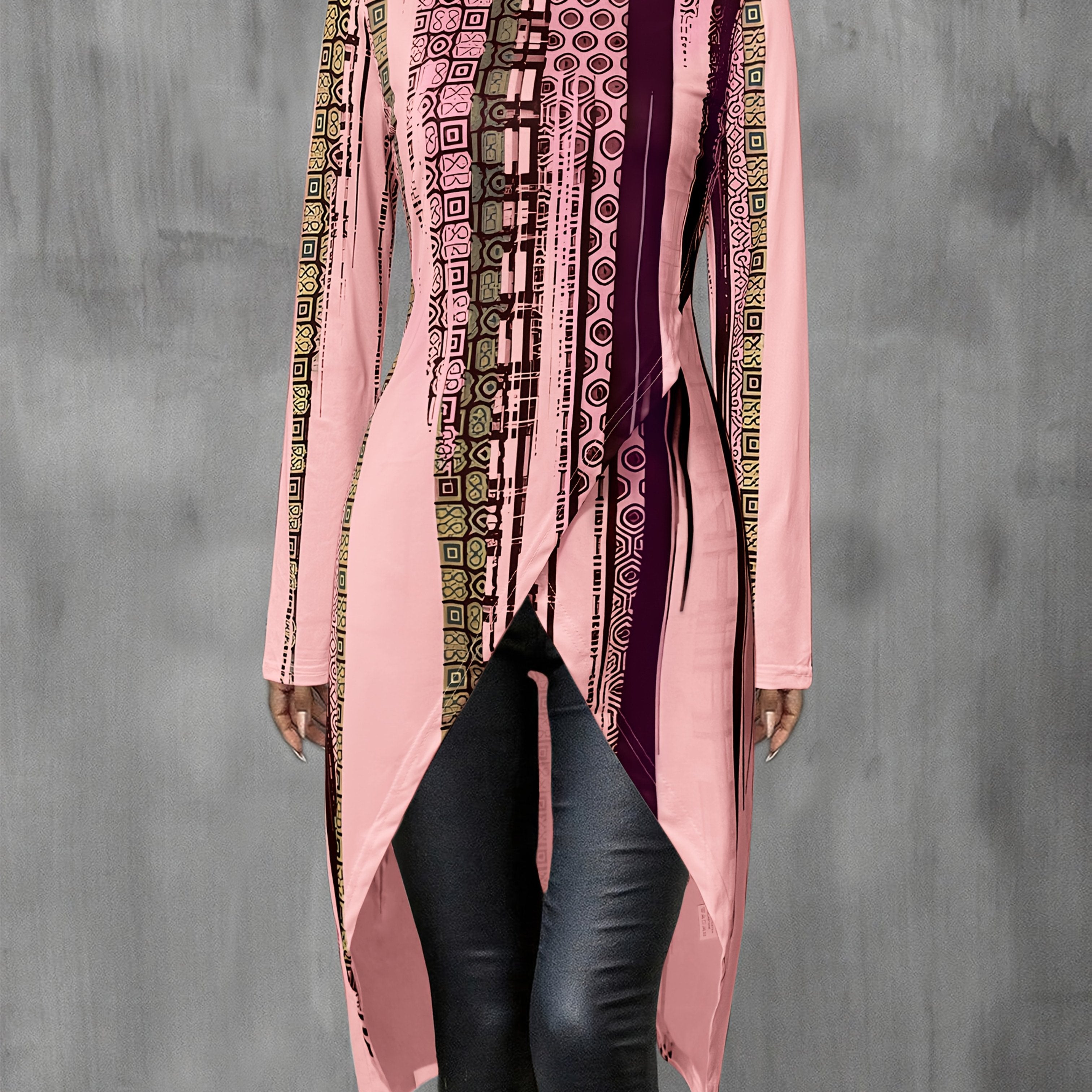 Women's Elegant Long Sleeve Top with Geometric and Striped Print - Round Neck, Asymmetrical Hem, Lightweight Polyester Blend for Spring, Fall, and Winter