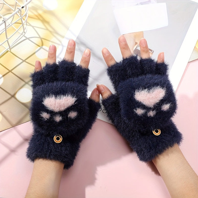 Cozy Cat Paw Convertible Mittens for Women - Soft, Warm Fingerless Gloves with Flip-Top Design | Cute Aesthetic White Furry Winter Accessory, Machine Washable