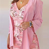 Elegant Three-piece Set - Solid Open Front Split Cardigan, V-neck Crop Top & Belted Floral Print Shorts Outfits - Women's Clothing - For Women - Suitable for Casual & Party Occasions - Perfect Gift for Fashionable Women