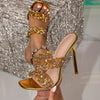 Women'S Elegant Golden T-Strap Stiletto Sandals with Sparkling Rhinestones - High Heel, Square Toe, Slip-On Design, Stylish TPU Upper, Comfortable Rubber Sole, Perfect for Formal Events, Formal Footwear | Glamorous Footwear |