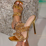 Women'S Elegant Golden T-Strap Stiletto Sandals with Sparkling Rhinestones - High Heel, Square Toe, Slip-On Design, Stylish TPU Upper, Comfortable Rubber Sole, Perfect for Formal Events, Formal Footwear | Glamorous Footwear |