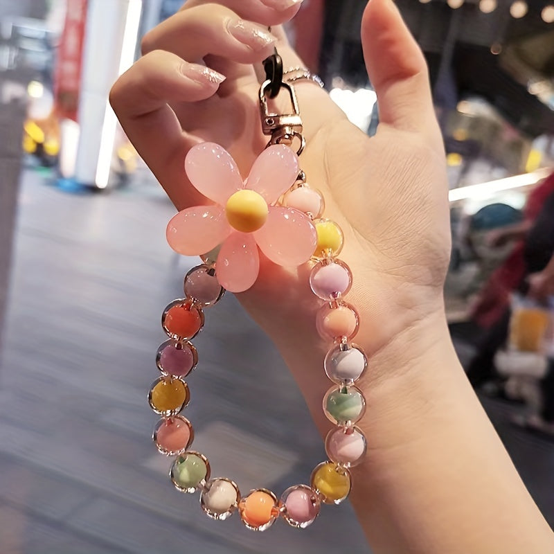 Handmade Flower Macaron Colorful Beaded Wrist Strap Mobile Phone Lanyard
