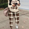 Women's Casual Round Neck Long Sleeves Queen Letter Bear Print Sweatshirt And Plaid Skinny Pants Set Spring Fall And Winter