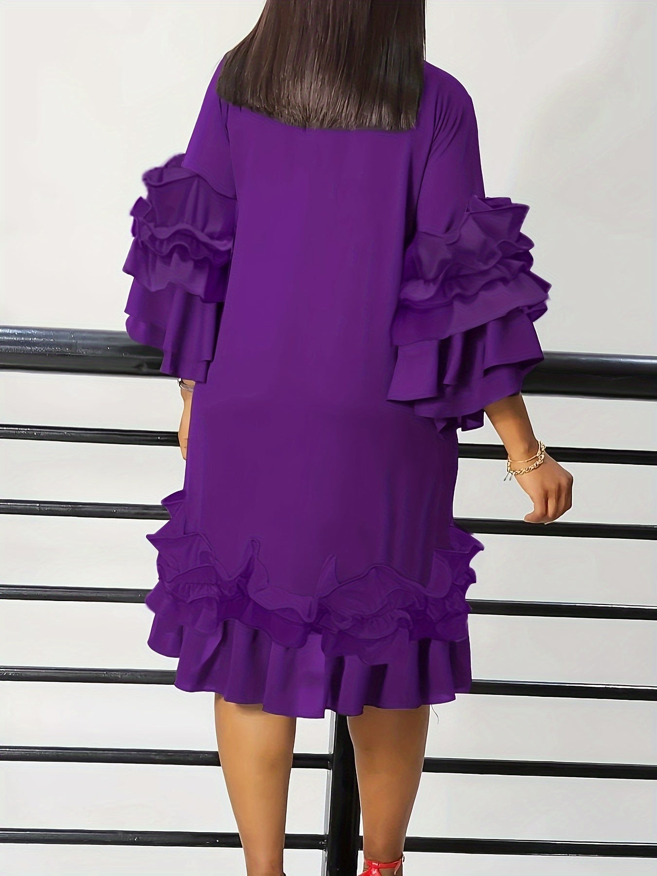Elegant Ruffled Tie Neck Long Sleeve Dress for Women, Spring/Fall Casual Wear