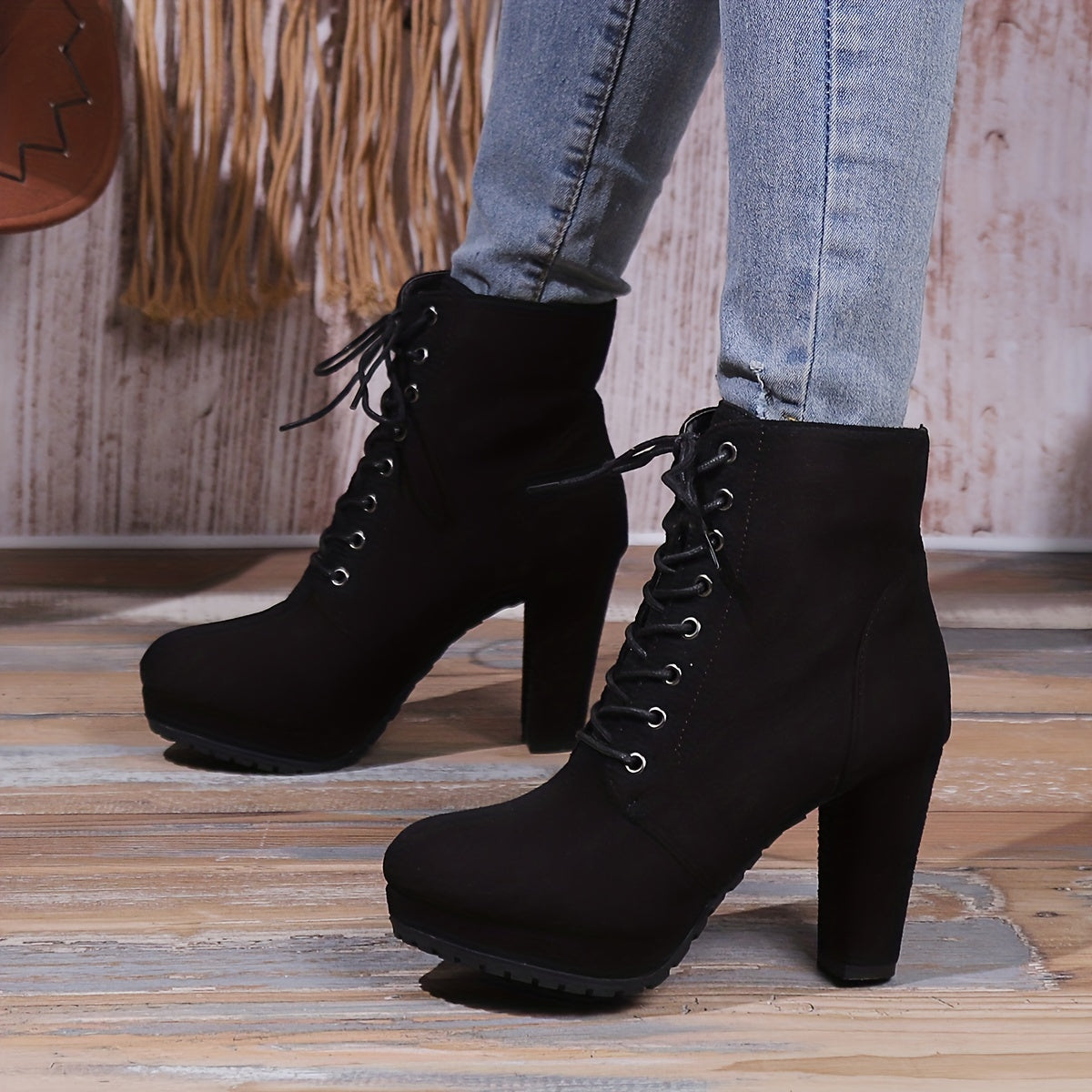 Women'S 2023 Combat Boots - Solid Color Lace-Up, Chunky Heel, Platform, Slim Fit, Round Toe, Fabric Upper, Rubber Sole, Comfortable All-Season Shoes.