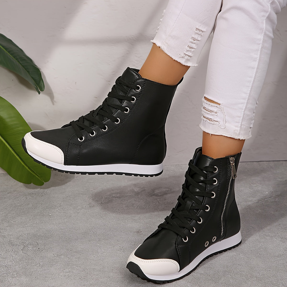 YMM980-99 White & Black Military Green High-Top Side Zipper Women'S Fashion Casual Versatile Inner Zipper Lace-Up Comfortable Breathable Sports Ankle Boots