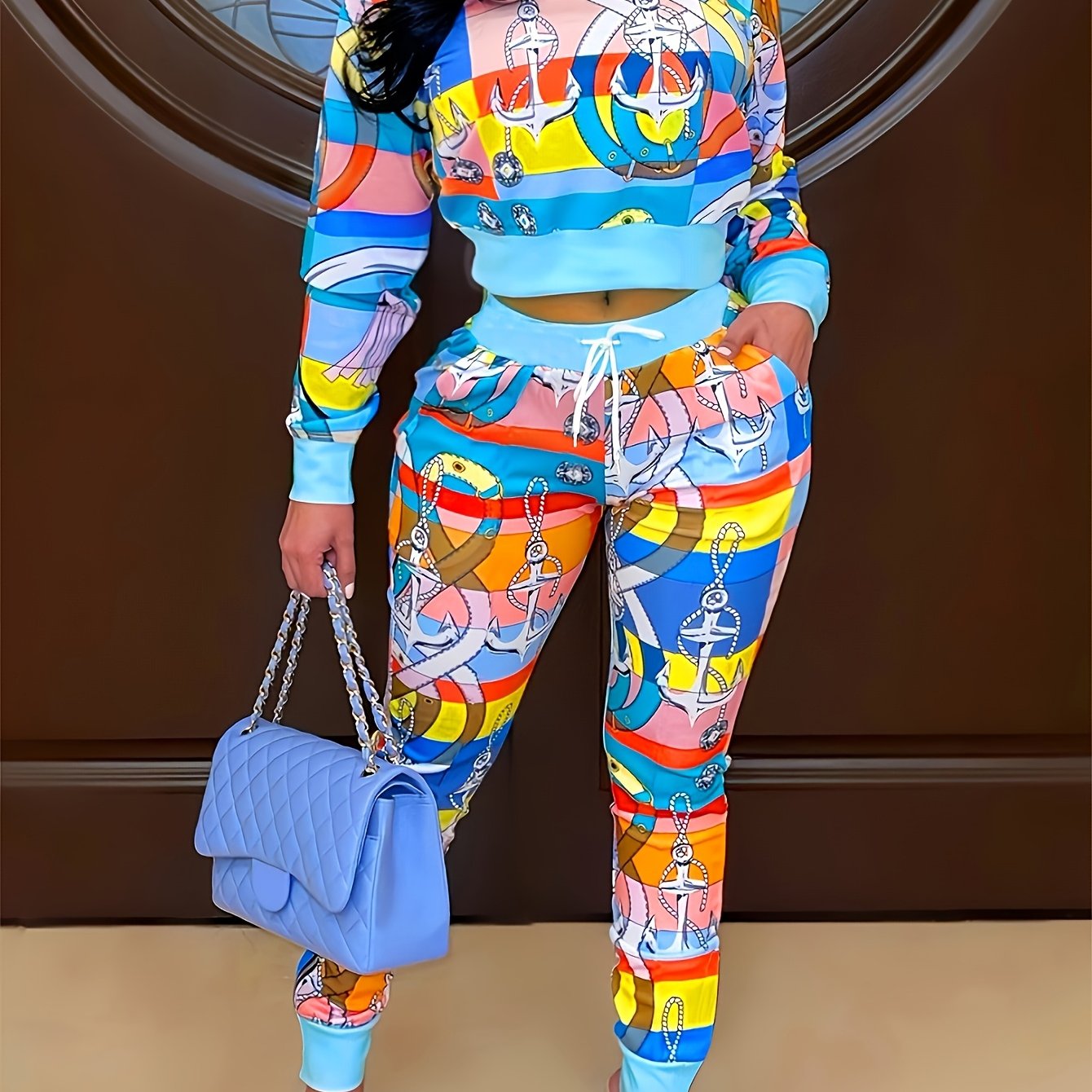 Women's Fashion Spring Long Sleeve Top, Long Pants, Funky Two Piece Set - Casual Wear, Fashionable Prints, Comfortable Drawstring Waist, Thin And Thick - Women's Versatile Work Commute, Daily Fashion Street Suit.