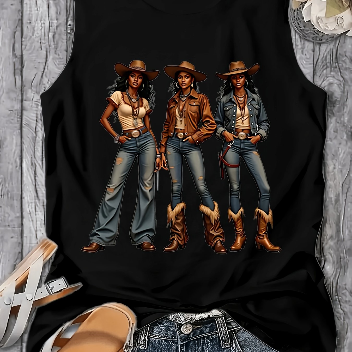 Western Style Denim Printed 160G Women'S Casual Round Neck Vest, Spring And Summer Women'S Vest, Simple Design, Machine Washable, Surprise Gift for Valentine'S Day, New Year And Other Holiday Atmospheres