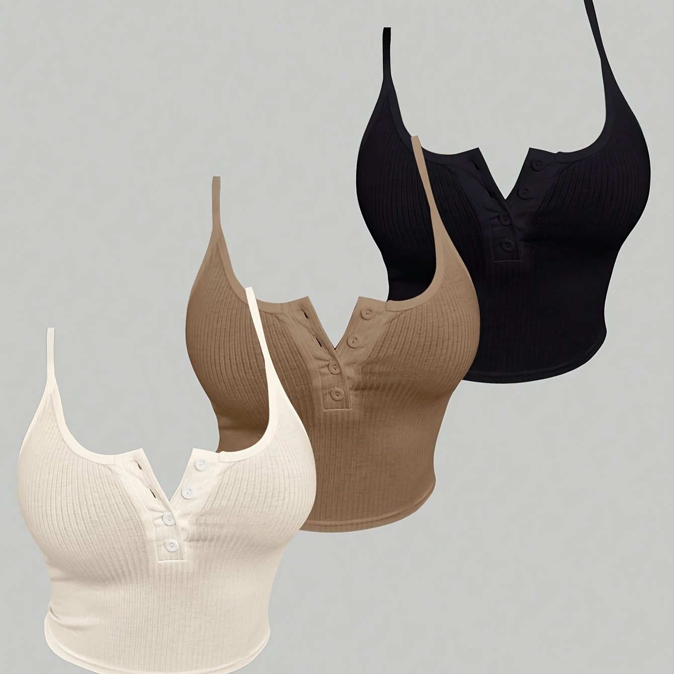 3pcs Set Women'S Knit Polyester Tank Tops with Button Detail, Casual Solid Color Slingback Camisoles, 95% Polyester 5% Elastane, All-Season Spaghetti Strap Tops