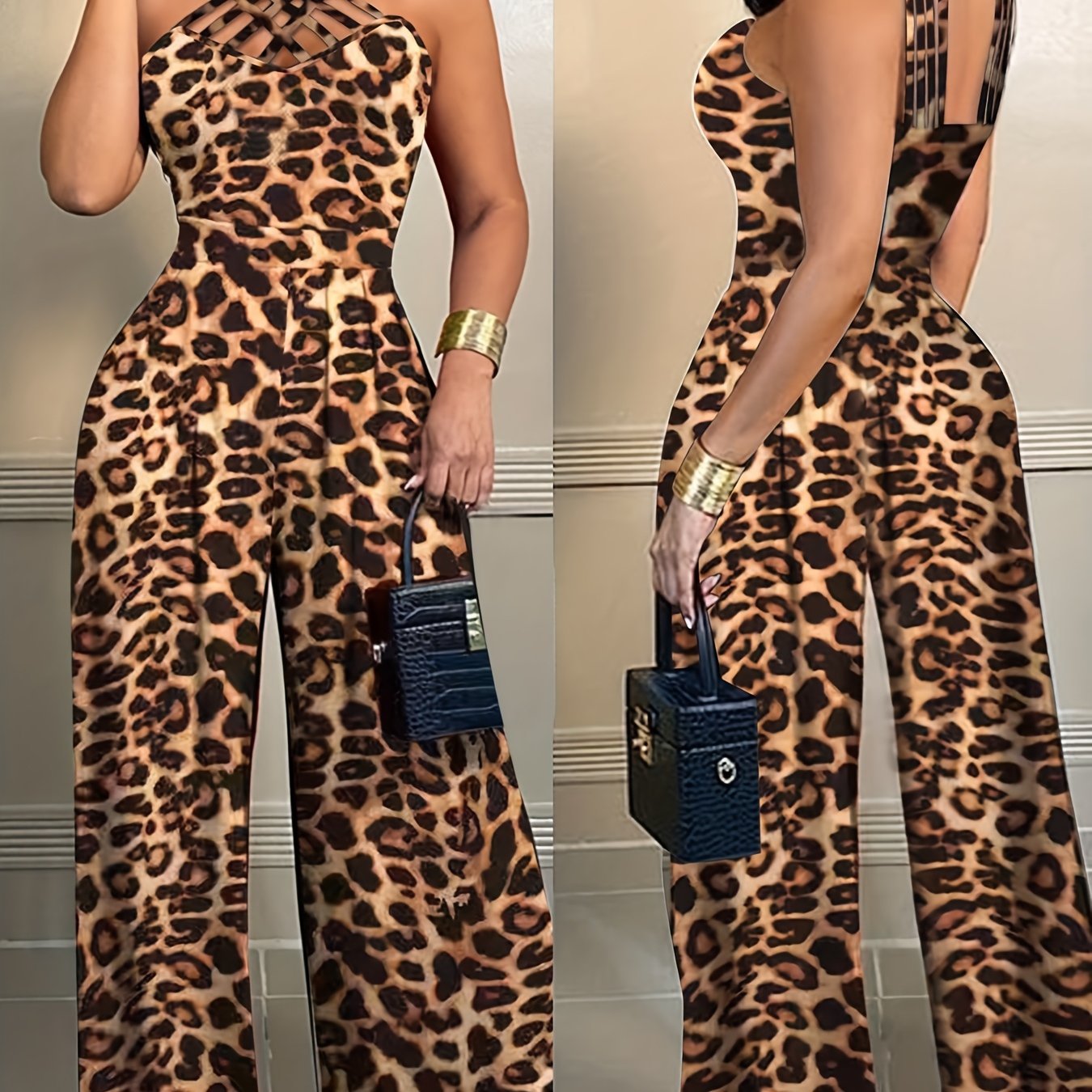 Women's Leopard Print Sleeveless Jumpsuit - Casual Knit Polyester, Wide-Leg Design, Machine Washable, All-Season Fashion for Adults, Allseason Outfit | Leopard Print Attire | Polyester Knit